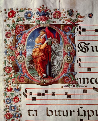 De Aankondiging, gehistorieerde initiaal O, detail van een pagina uit een antifonarium, c.1473-79 door Liberale da Verona